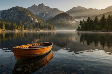 Obraz premium Weathered Wooden Rowboat Beside Crystal Clear Mountain River