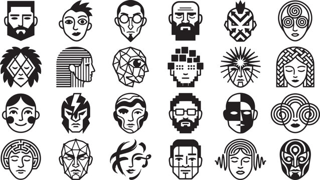 Stylized avatar icons set, 24 geometric human face portraits, black and white line art character heads for profile and gaming identity