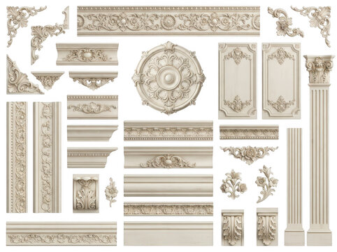 Classic architectural molding elements and decorative stucco isolated on transparent background. Perfect for interior.