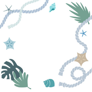 トロピカルリーフとロープのマリンフレーム 夏のコピースペース背景イラスト（ヒトデ・貝殻・ロープ・海）/ Tropical Summer Frame with Rope, Seashells and Palm Leaves Banner Background