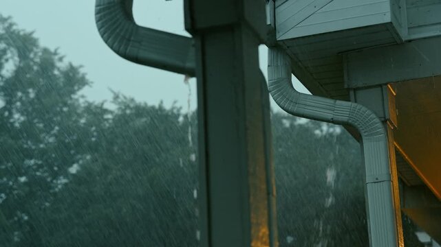 Heavy rain water flowing from a roof drain during storm