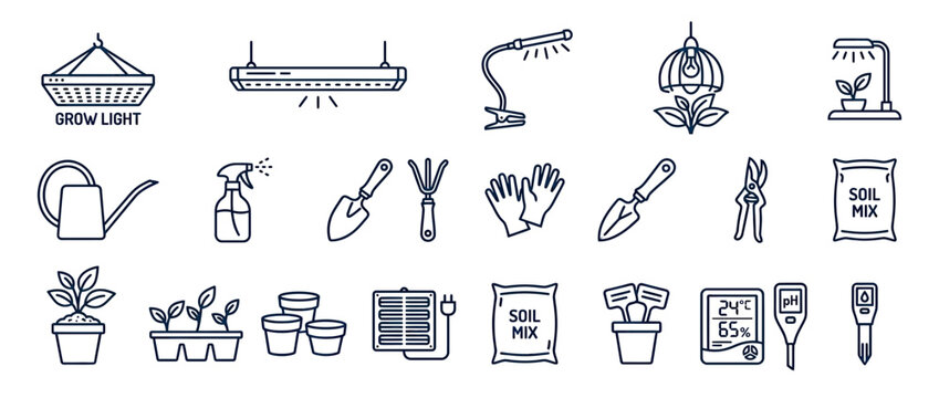 Gardening Tools and Grow Light Icons Set