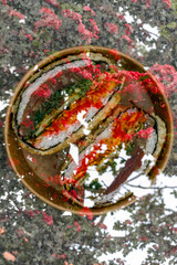 Sushi burger against a background of flowers  multiple exposure © Cavan