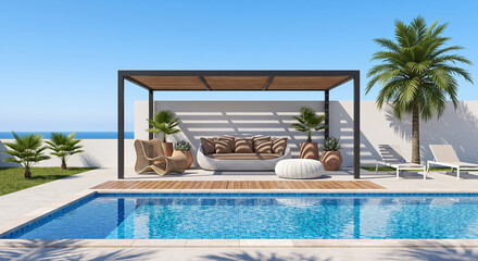 Obraz premium Modern outdoor patio lounge area beside swimming pool under bright clear blue summer sky with displays contemporary outdoor seating overlooking pristine