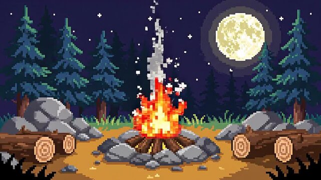 Pixel art campfire at night with full moon and pine trees outdoor camping illustration