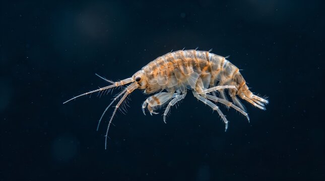 Macro photograph of a small Gammarus amphipod crustacean.