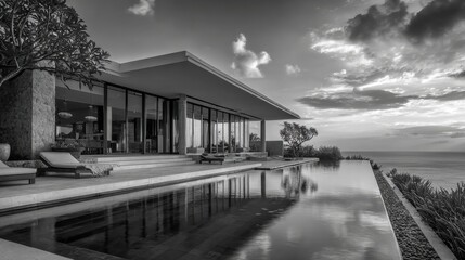 Obraz premium imagine A modern luxury villa perched on the cliffs of Uluwatu, Bali. Sleek minimalist architecture with clean lines and floor-to-ceiling glass walls 