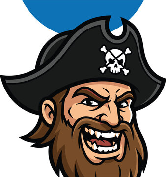 Angry pirate captain mascot vector graphic wearing traditional tricorne hat with skull crossbones emblem isolated illustration