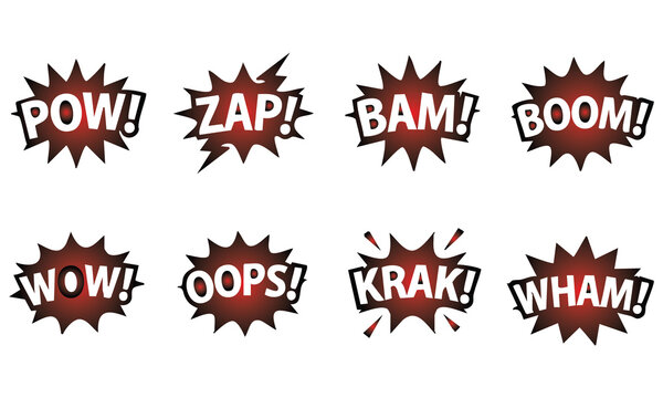 Comic Book Sound Effects Speech Bubbles Vector Set: Pow, Zap, Bam, Boom, Wow, Oops, Krak, Wham Explosive Action Words