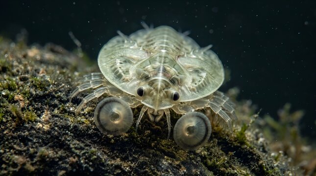 Macro photography of a unique crustacean on a mossy rock.