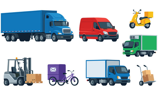 Logistics and Delivery Vehicles Vector Set: Cargo Semi Truck, Express Van, Scooter, Forklift, Cargo Bicycle, Box Lorry Truck, Hand Trolley