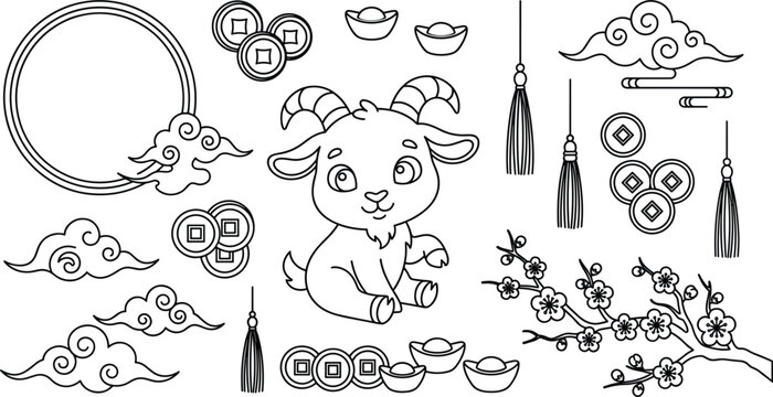 Cute Cartoon Chinese New Year Zodiac Goat Vector Element Set with Lucky Coins, Sycee Ingots, Hanging Tassels, Auspicious Clouds, and Plum Blossom Branches for Festive Designs