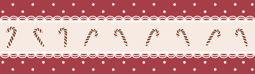 Obraz premium Christmas Candy Cane Border Banner with Burgundy Polka Dot Background and Lace Trim