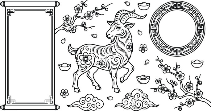 Traditional Chinese New Year Zodiac Goat Vector Element Set with Blank Paper Scroll, Auspicious Clouds, Golden Sycee, Plum Blossoms, and Round Ornamental Frame Layout