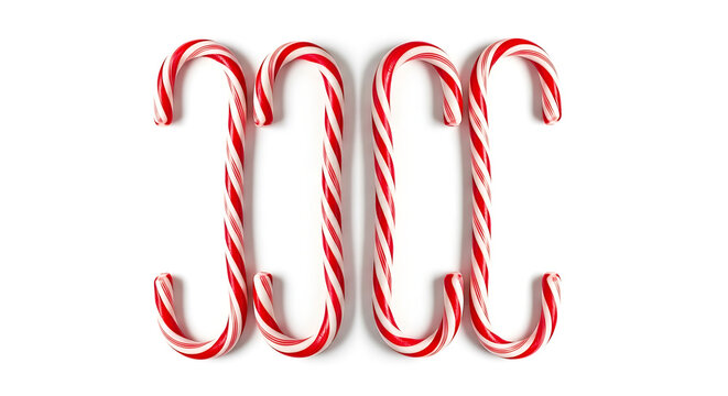 Three candy canes arranged in a curved formation against a plain white background cane peppermint