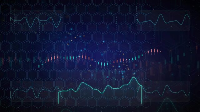Abstract Digital Financial Data Visualization with Glowing Charts and Hexagonal Grid Background