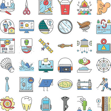 Outline icon set illustrating a broad range of themes including business, technology, nature, finance, and everyday objects, representing a versatile graphic resource