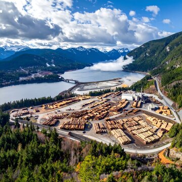Aerial view of a lumberyard nestled beside a large body of water, mountains, and a cloudy sky