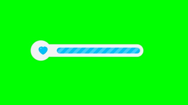 Loading bar animation with heart icon on green screen, progress indicator.