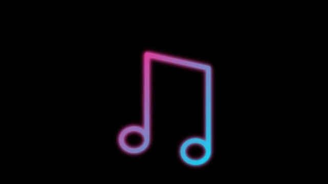 Neon Music Note Animation on Black Background, Glowing Musical Symbol Loop.