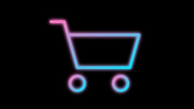 Neon Shopping Cart Icon Animation on Black Background for E-commerce and Online Retail.