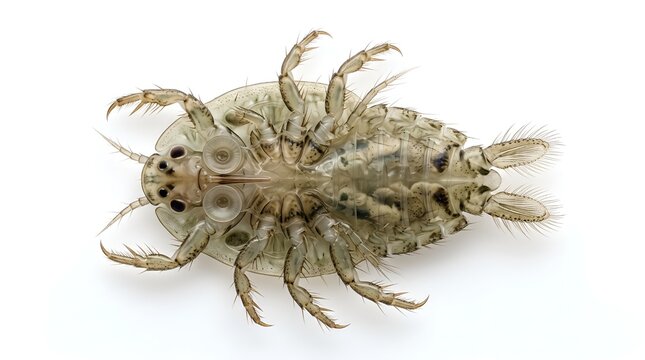 Macro view of a parasitic fish louse Argulus foliaceus on white background.