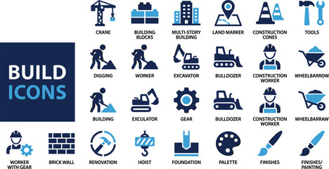 Construction and build vector icons set with crane worker excavator bulldozer tools foundation brick wall isolated © MSTJAKIA