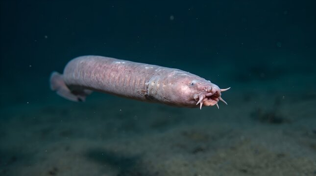 Rare deep sea hagfish swimming in the dark ocean depths.