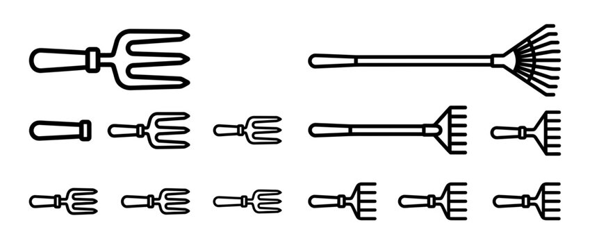 Collection of Garden Tools Icons: Rakes and Hand Forks