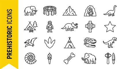 Set of prehistoric line icons featuring caveman dinosaurs mammoth stonehenge weapon fossils and stone age history elements vector © MSTRAZINA