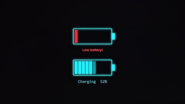 Neon cyan battery status bar animation with charging indicator