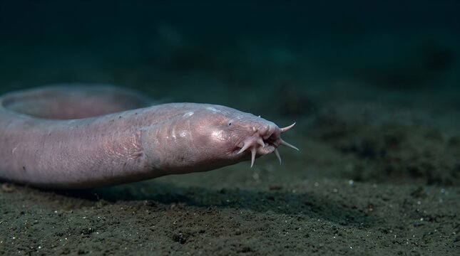Rare Pink Hagfish Swimming Over The Deep Sea Ocean Floor.