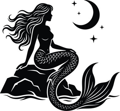 Mermaid sitting on rock under crescent moon silhouette with silhouette, crescent