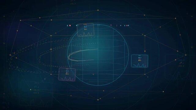 Futuristic digital interface with rotating holographic globe and floating data analysis charts on dark blue background