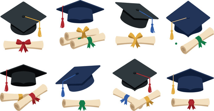 Graduation caps and diploma certificates collection featuring academic success, university education, college graduation ceremony, student achievement, and degree celebration vector set