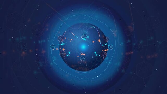 Abstract digital globe with glowing data connections and network lines on dark blue background