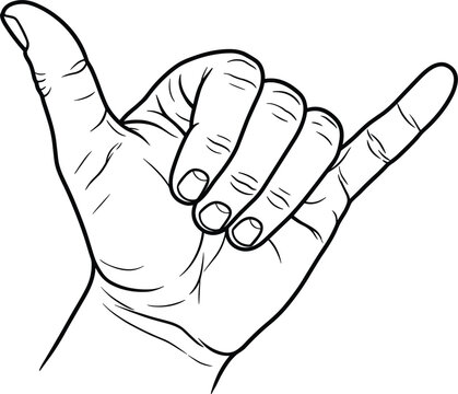 Shaka hand gesture lineart illustration featuring hawaiian hang loose sign surfer greeting subculture chill communication symbol vector