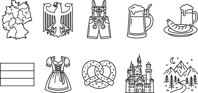 Set of traditional Germany culture line icons featuring bavarian lederhosen dirndl beer pretzel castle map and eagle symbols