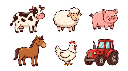 Fototapeta premium Collection of Farm Animals Including Cow Sheep Pig Horse Chicken and Tractor.