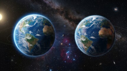 Fototapeta premium Parallel Earth Concept With Two Identical Blue Planets in Space