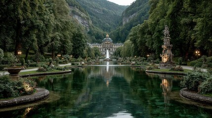 Fototapeta premium Formal gardens, a large pond, and a palace, framed by forested mountains and ornate fountains