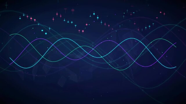 Abstract digital wave lines and glowing particles moving on a dark blue technological background