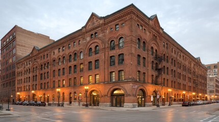 Obraz premium Iconic Red Brick Corner Building Illuminated by Warm Streetlights at Urban Dusk