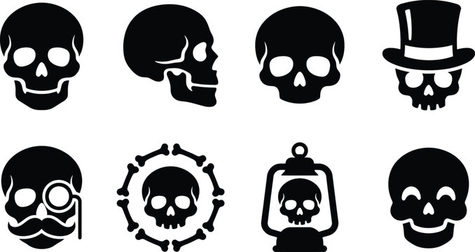 Human skull spooky halloween icon set. front skull, side profile skull, top hat skull, gentleman mustache monocle, crossbones frame, lantern, smiling skull