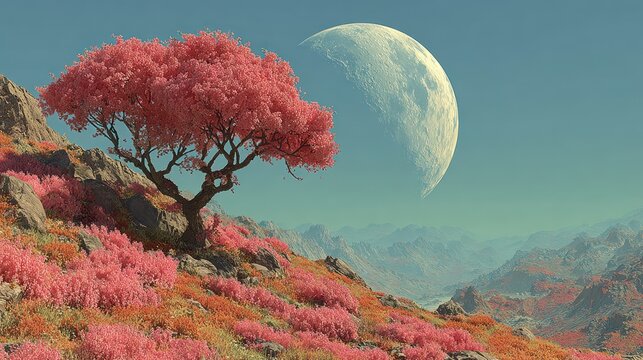 Surreal alien landscape with a large moon and a vibrant pink tree.