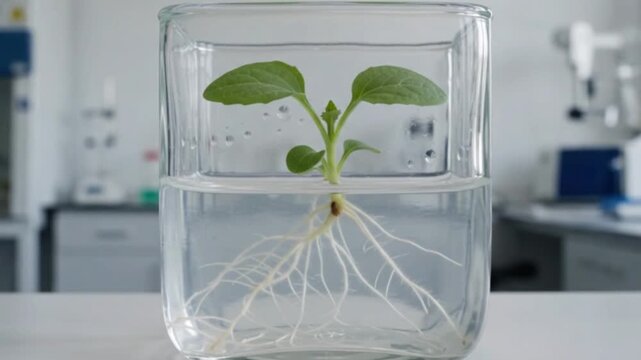 Green plant sprout growing with visible roots in glass container inside laboratory