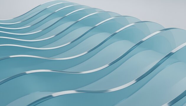 A fluid arrangement of translucent cyan glass ripples creates an organic aesthetic motion that evokes the serene essence of flowing liquid surfaces within a rhythmic and harmonic structural