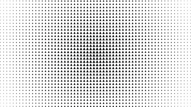 Black and white halftone pattern featuring a grid of small triangles with varying sizes creating a central focus on a white background