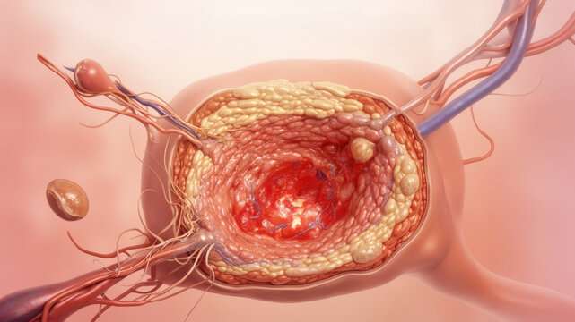 Cyst concept ,detailed medical view of epidermoid cyst structure with blood vessels and tissue layers showing inflammation