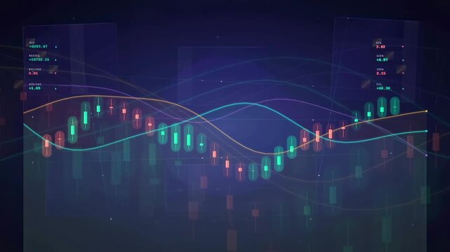 Abstract digital financial stock market chart with glowing candlesticks and moving data lines on dark background